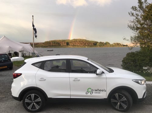 Electric vehicle with rainbow in the background
